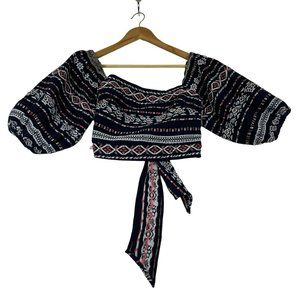 Dolan Left Coast Anthropologie Puff Sleeved Crop Blouse Size S Blue Tie Back NWT